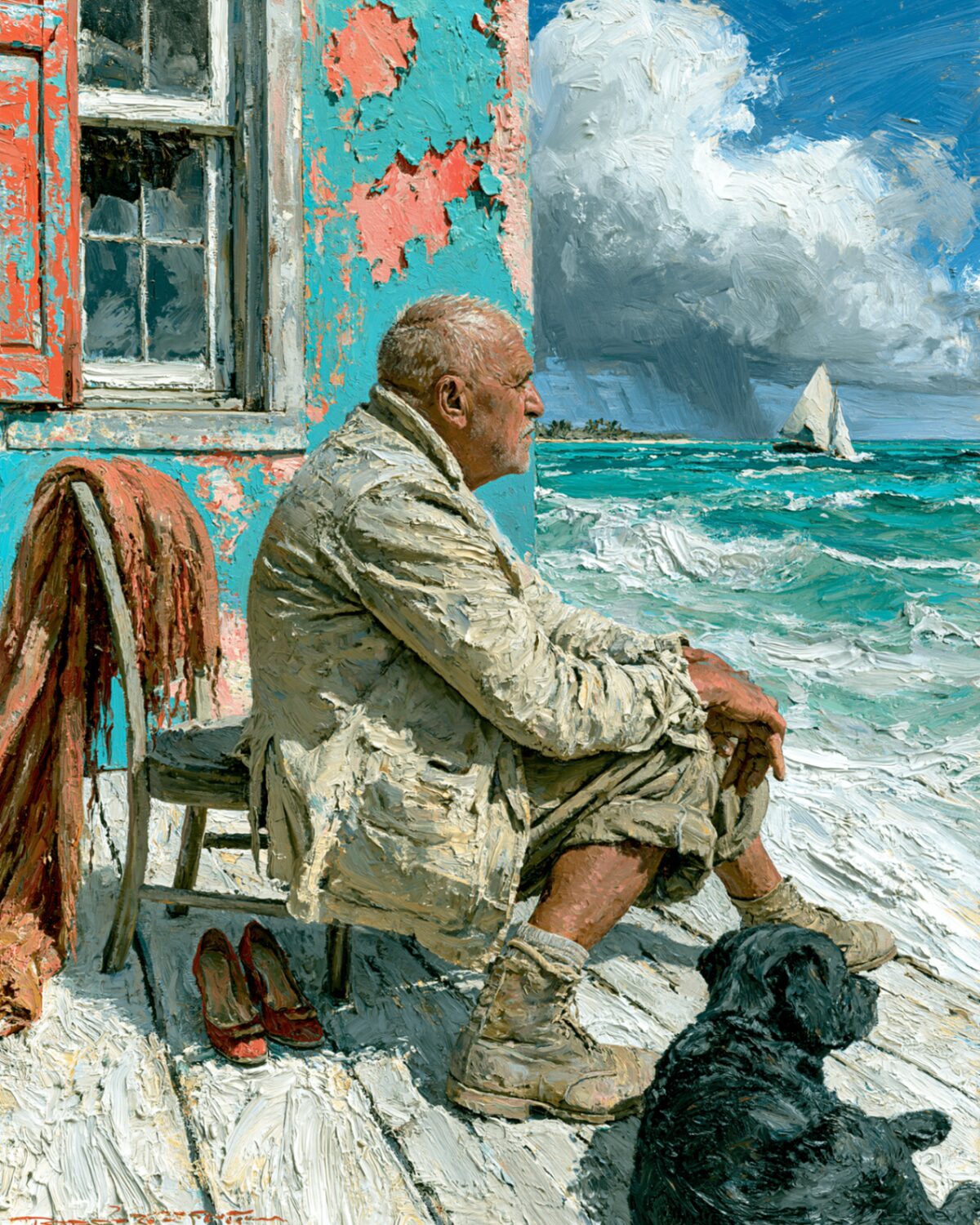An oil painting of an older man sitting alone on a weathered porch, gazing out at the open sea