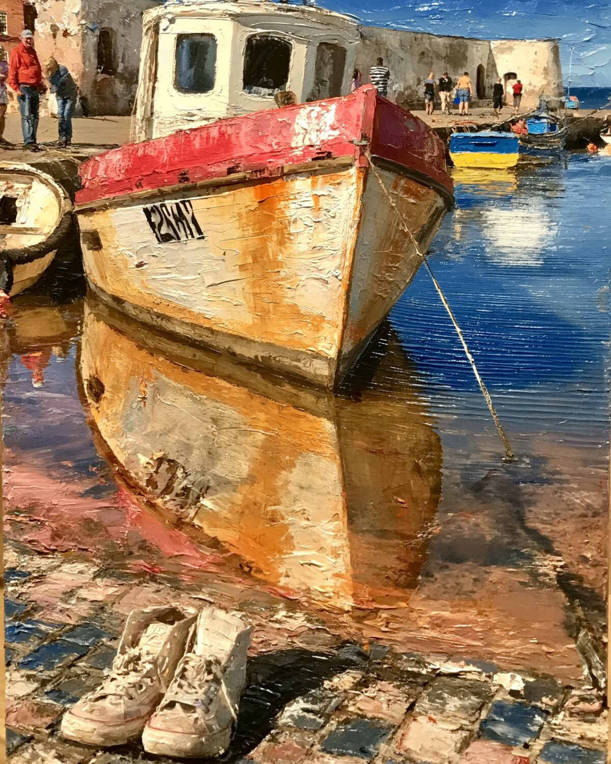 An oil painting of a moored fishing boat at a quiet harbor, with a pair of worn sneakers on the cobblestones — a quiet promise of arrival