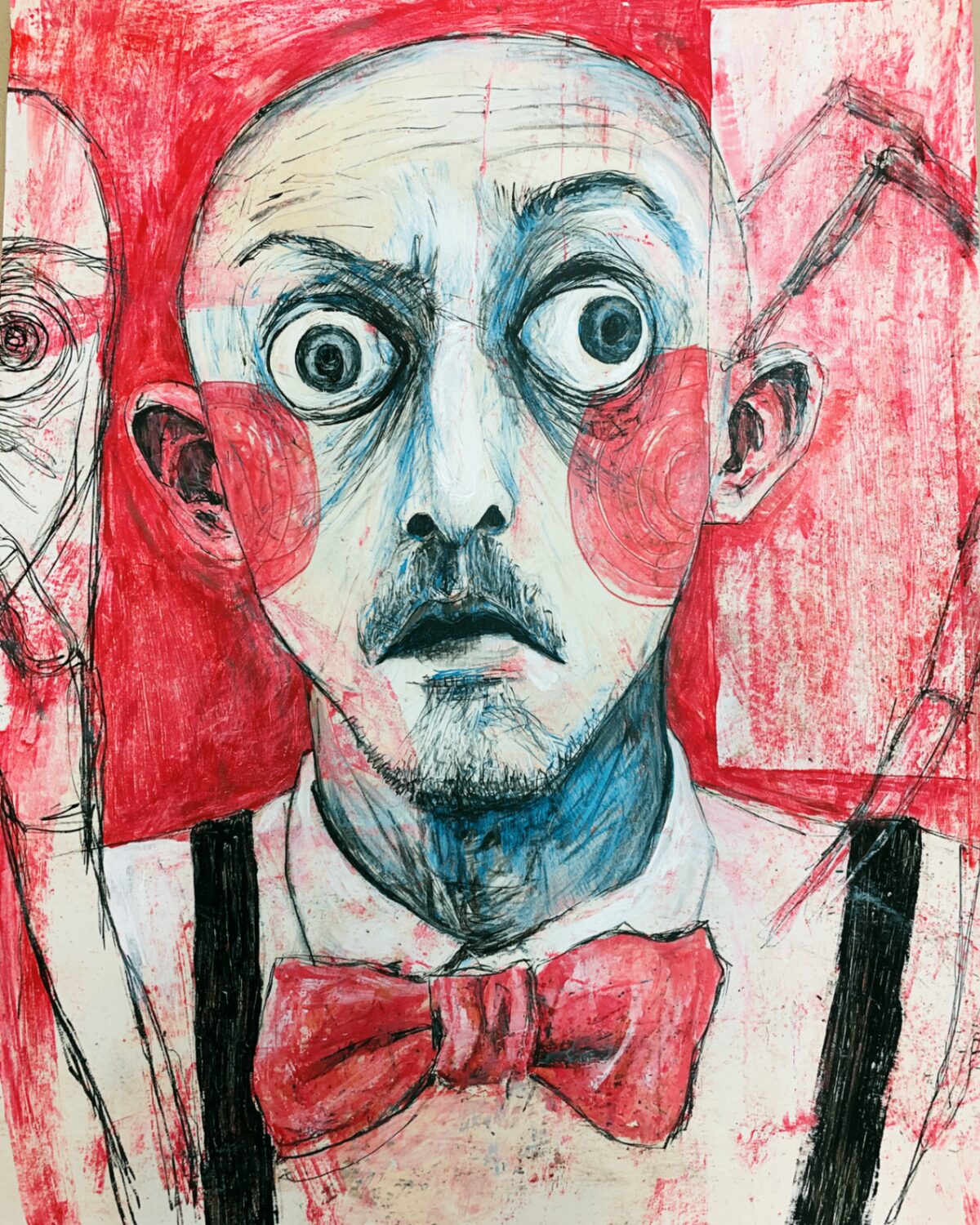 An expressive faux-naive portrait of a wide-eyed man with a red bow tie, rendered in red and blue ink and paint